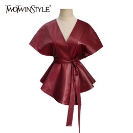 TWOTWINSTYLE PU Leather Red Coat For Women V Neck Sleeveless High Waist Lace Up Bowknot Elegant Tops Female Fashion Clothing 210517