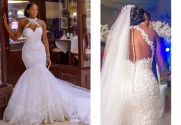 white halter neck wedding dresses Canada - Stunning Halter African Mermaid Wedding Dresses Plus size With Straps Keyhole Back Tulle Lace Beads Sequins Bridal Gowns