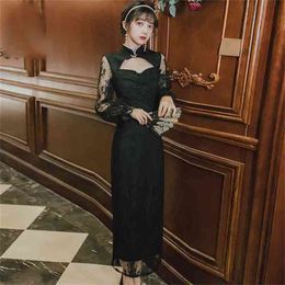 Maxi Evening Party Dress Chinese Style Long Cheongsam Short Sleeve Sheath Vestidos Summer Women Black 210603