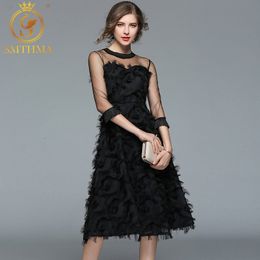 Arrival Women's Round Collar Summer Dress Black Feather Tassel Mesh Patchwork Vestidos 210520