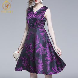 High Quality Fashion Spring And Summer Purple Jacquard Dress Sexy V-Neck Sleeveless Lace-Up Slim Waist Vestidos 210520