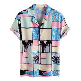 Mens Pink Plaid Shirt Abstract Printing Short Sleeve Color Block Casual Beach Holiday Shirts chemise homme 210527