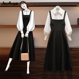 Women's Falls Two Pieces Dress Set Spring Autumn Office Lady Graceful Puff Sleeve Shirt+long Skirts Suit Basic Outfits 220302