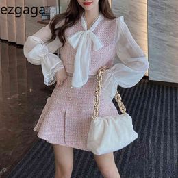 Ezgaga Sexy Chiffon See-through Patchwork Tweed Two Piece Set Women Mini Skirts Ribbon Bow Elegant Blouse Office Lady Party 210430