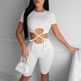 Bandage Playsuits Women Solid O Neck Short Sleeve Biker Shorts Rompers 2021 Summer Sexy Hollow Out Skinny Active Wear Playsuit Women's Jumps