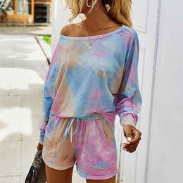 Autumn 2 piece sets womens outfits Summer Contrasting Color Tie-Dye Loose 7-Point Oversleeves suit women two piece set 210514