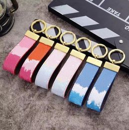 Gradient Luxury Key chain Handmade Classic Black Old Flower Leather Square Brand Keychain Fashion Bag Decoration Keychains Car Pendant 6 Colors NO BOX