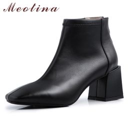 Winter Ankle Boots Women Natural Genuine Leather Thick High Heel Short Zipper Square Toe Shoes Ladies Big Size 42 210517