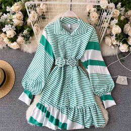 Small Fresh Green Colour Matching Striped Dress Autumn Sweet Ruffle Skirt UK122 210506