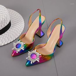 Dress Shoes 2021 Rainbow Colour Women Sandals Pointed Toe Sun Style Rhinestone High Heels Weeding Spike Heel Slingback Pumps1