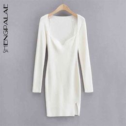 Sexy Wrap Body Knitted Dress Women's Srping Heart-shaped V-neck Low Chest Collar Long Sleeve Mini Dresses 210427