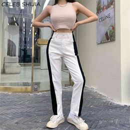 SHIJIA Streetwear Irregular Denim Pants Woman White and Black High Waist Straight Leg Pants Female Bottom Y2k Trousers Woman Q0801