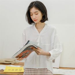 Spring Autumn Korea Fashion Women Stand Collar Loose White Shirts Cotton Linen Casual Blouse Tops Female Blusas Mujer S459 210512