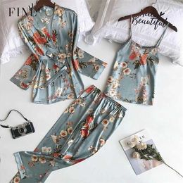FINETOO 3Pcs/set Spring Autumn Women Silk Pyjamas Sets No-Pads Flower Print Pyjama Sleepwear Spaghetti Strap Satin Pyjamas 211112
