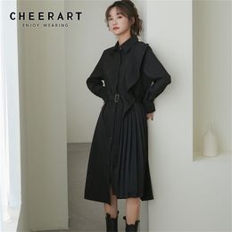 Ruffle Long Sleeve Pleated Shirt Dress Women Black Button Up Ladies Collar With Belt Desinger Fashion Clothing 210427