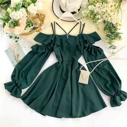 Women's Spring Autumn Dress Hollow Shoulder Ruffled Puff Sleeve A-line Women Empire Slash Neck Short ML733 210506