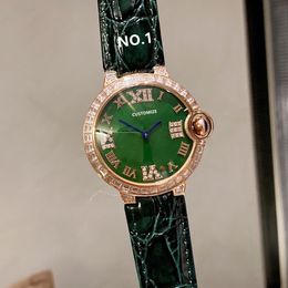Famous Women Quartz Watch Stainless Steel Green Roman Number Dial Lady Double Crystal Ice Diamonds Watch Real Leather 36mm