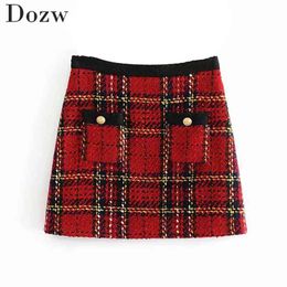 Women Elegant Tweed Plaid Skirt Pockets A Line Fashion Mini Skirts Ladies Summer Zipper Vintage Bottoms Faldas Mujer Moda 210515