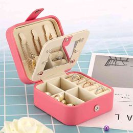 Portable Travel Storage Box Necklace Ring Earring Jewelry PU Leather Bracelet Girl Cosmetics Beauty Container 210423