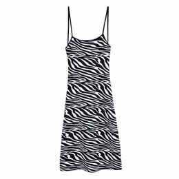 Women Sling Dress Knitted Backless Zebra stripes Fashion Elegant Chic Lady Woman Midi Dresses 210709
