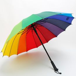 10pcs Rainbow Umbrella Long Handle Hook 16K High Quality Straight Windproof Colorful Pongee Women Men Sunny Rainy