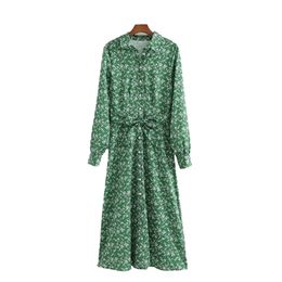 Casual Woman Green Floral Sashes Long Shirt Dress Spring Elegant Ladies Draped es Female Fashion Vacation 210515