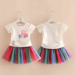 Summer 3 4-10 Years Old Kids Girl Party Elegant Princess Cat Balloon T Shirt+Colorful Rainbow Lace Skirt 2 Piece Dress Sets 210701