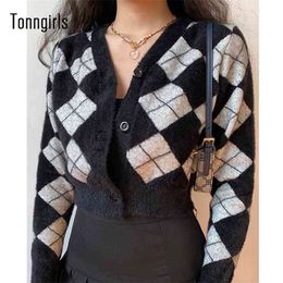 Tonngirls Preppy Style Cardigan Women Long Sleeve Knitted Argyle Cashmere Streetwear Black Sweater Winter 210922