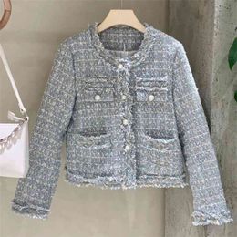 High Quality Korean Vintage Tweed Jacket Coat Women Autumn Single Breasted Plaid Tassel Slim Woolen Jackets Office Lady Outwear 210514