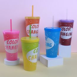 650ml Colour Changing PP Plastic Cup Reusable Party Water Beverage Mug with Straws Variable Colours Tumblers