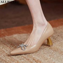 ALLBITEFO bow design genuine leather women high heels golden heel fashion sexy stiletto women heels high heel shoes 210611