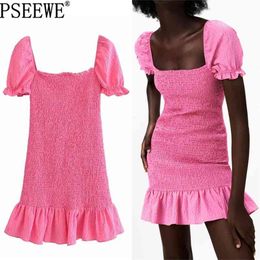 Rose Red Mini Dress Woman Textured Ruffle Short Summer es Women Ruched Square Neck Puff Sleeve 210519