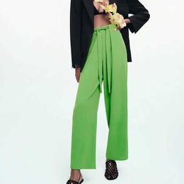 Za Women 2021 New Chic Fashion Verticality Loose Wide Leg Pants Vintage High Elastic Waist Drawstring Female Trousers Mujer Q0801