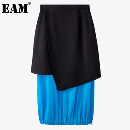 [EAM] Blue Irregular Pleated Contrast Colour Drawstring High Waist Half-body Skirt Women Fashion Spring Summer 1DD8516 210512