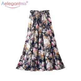 Aelegantmis Women Bohemian Summer Beach Skirt With Belt Ladies Floral Print Chiffon Long High Waist Big Hem Boho s 210607