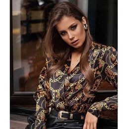 1WOMEN Blouses and Tops V Neck Chain Print Button Shirt Lady Long Sleeve Black Casual Office Sexy Woman 210514