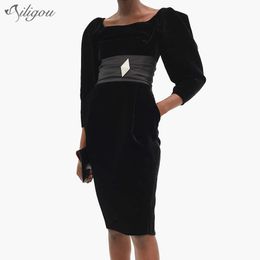 Fashion Chic Black Velvet Belt Mini Dress Pocket Design Elegant Diamond Brooch Celebrity Party Vestido 210527