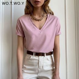 WOTWOY Summer Knitted V-Neck T-Shirt Women Cotton Basic Solid Tee Shirt Female Short Sleeve Kintwear Tops Harajuku Tshirt Ladies Y0508