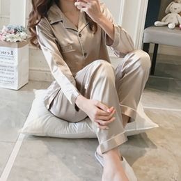 Spring Summer Pyjama Sets Faux Silk Satin Pyjamas For Womens Long Sleeve Pijama Sleepwear Homewear Loungewear Two Piece Set X0526