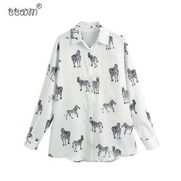 Women Stylish Zebra Print Buttons Loose Blouses Vintage Lapel Collar Long Sleeve Shirts Female Chic Tops 210520
