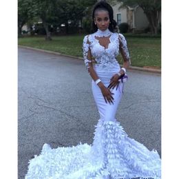 Mermaid African White Lace Dresses for Black Girls Long Sleeves High Neck Tulle Plus Size Evening Prom Gowns Vestidos