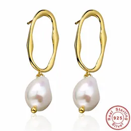 pearl connectors Canada - Stud Korea Style Fashion Jewelry Gold Color Hollow Geometric Connect With Freshwater Pearl Dangle Earring 925 Sterling Silver