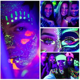 Fluorescent Eyeliner Neon Face Body Paint UV Glow Matte Eyeliners Waterproof & Smudgeproof Makeup for Halloween Christmas Party