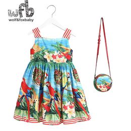 Retail 2-8 years sleeveless girl holiday seaside wind print dress + color bag children summer Q0716