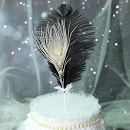 -Andere festliche Partei liefert exquisite schwarze feder hochzeit dekoration weiße perle glücklich geburtstagstorte topper baby shower kinder cupcake de