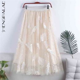 Double Layer Embroidery Printing Screen High Waist Slim Mid Length Skirt Women's Spring Mesh Female 210427