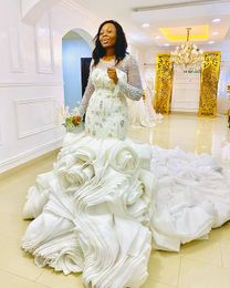 Arabic Aso Ebi 2021 Luxurious Lace Crystals Wedding Gowns Sheer Neck Mermaid Long Sleeves Tiers Bridal Dresses ZJ474