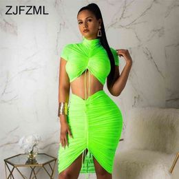 Neon Green Yellow Sexy Two Piece Set Women Turtleneck Short Sleeve Crop Top+ Pleated Bodycon Dress Tracksuit 2 Piece Club Outfit 210323