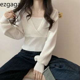 Ezgaga Fake Two Sweater Jumper Women Winter Spring New Base Korean Fashion Square Collar Tender Knitted Tops Elegant Pullover 210430