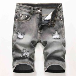 Men's Denim Shorts Torn Summer Breeches Hole Distressed Bermuda Male Stretch Knee Length Vintage Short Jeans Men 210716